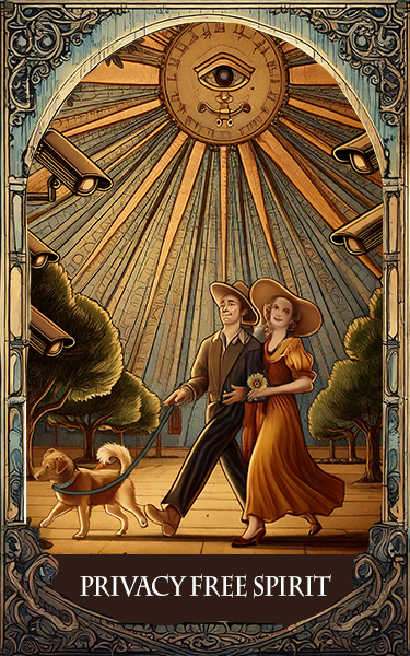 The Privacy Free Spirits, a white man and woman, walk with their dog in front of a tarot-card style magical sun.